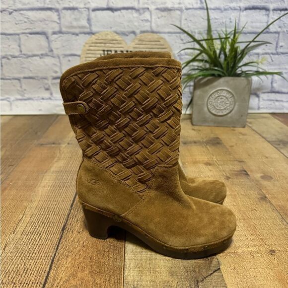 UGG Lynnea Arroyo Boots Brown Woven Suede Studded Clog Heels Womens Sz 6 - Picture 4 of 12